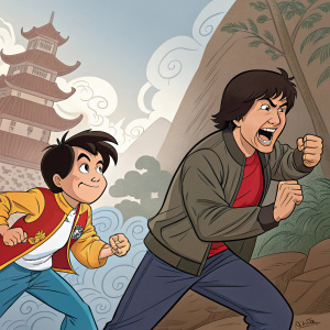 Digital illustration inspired by Jackie Chan Adventures. Mixture of cartoon and realistic art styles.