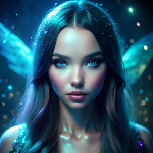 Surreal and moody 3/4 scene 0f Dark fairy, Dove Cameron mix with Adriana Lima face, dark hair, blue eyes, long  hair,  irridiscent, torquoise, rim lighting, sparkling stars, Underwater atmosphere,  photorealistic, sharp focus, 8k, perfect composit, fantastical and strange background, graffiti, emotional, moody, odd, strange, mysterious, patched together, whimsical backdrop and scenery, long eyelashes, gorgeous, eye catching, shimmering, gossamer, ethereal, fantasy, award winning, thought provoki