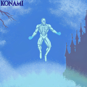 3D digital art featuring Simon Belmont from Castlevania II. Dark, eerie ambiance. Konami logo on the top right corner. Character in mid-jump, detailed skeletal design.