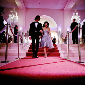 Brenton Thwaites and Isabela Moner, in elegant attire, at a starlit gala. Brenton in a black tuxedo. Isabela in a silver sequined dress. Dramatic red carpet entrance.