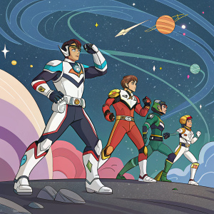 Characters from Voltron Legendary Defender. Various dynamic poses, expressions, vibrant colors. Backdrop of abstract cosmic designs.
