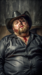 Photorealistic, full body portrait, gagged ugly fat man, cowboy hat, lying,  40 years old, short  hair, scared, injured, crying,  ugly black outfit, dark room, full body, 32k, ultra realistic, best quality, fat, obese, blood