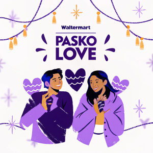 Creative marketing poster for WalterMart's Pasko Love campaign. Bright and lively design. Filled with heart shapes and joyful imagery. Celebrating the spirit of love and togetherness during the holiday season. The WalterMart logo prominently displayed.
