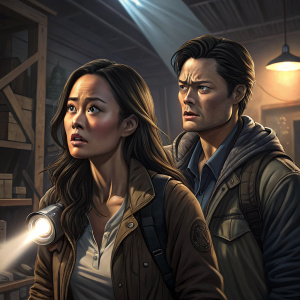 Jamie Chung and Blair Redford, cast members of 'The Gifted', on set. Intense scene with dramatic lighting.