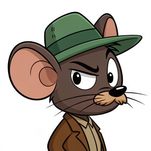 A cartoon mouse with a fedora hat and an oversized mustache. Dark brown fur, scowling face. Green tinged hat adds sophistication. Exaggerated mustache draws attention. Flat, 2D illustration.