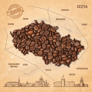 An intricate map of the Czech Republic crafted from thousands of coffee beans. Digital illustration