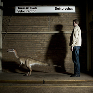 A comparison between a Jurassic Park Velociraptor and a real-life Deinonychus. Labeled diagram highlighting differences in size, naming, and tail structure.