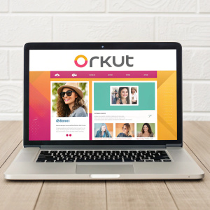 Vintage Orkut platform screenshot. Laptop display with social media style interface. Bright, clean layout featuring vibrant colors. Portuguese text, user profile pictures.