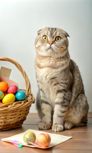 A Scottish Fold cat sitting beside a basket filled with Easter’s Day cards, with rainbow eggs.