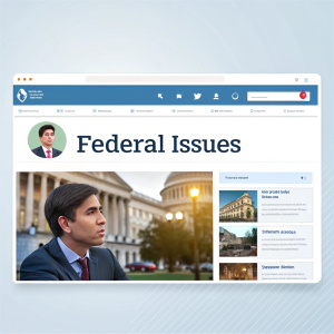 Screenshot of a webpage in Spanish. News article about federal issues on right. Profile section on left. Social media style interface.