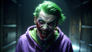 green hair purple hoodie older Joker is bleeding from the mouth, going crazy in the  pitch black room
