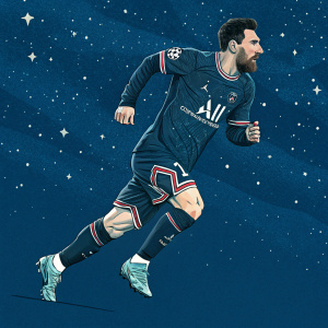 Illustration of Lionel Messi sprinting through a starry night sky. Dark background with twinkling stars. Messi wears a futuristic jersey featuring prominent sponsor logos.