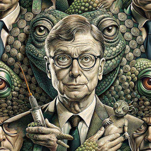 bill gates anticristo transformándose en un reptiliano malefico, con un bebe en un brazo y en el otro mano una jeringa, en blanco y negro que paresca una ilustracion de M. C. Escher
