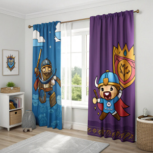 A cozy bedroom adorned with vibrant Clash Royale themed curtains featuring cartoon characters in a mix of blue, brown, and purple hues. The curtains are hung elegantly on a rod, adding a playful and colorful touch to the room.