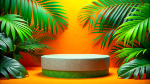 Cosmetics product advertising podium stand with tropical leaves background. Empty natural stone pedestal platform to display beauty product. Mockup