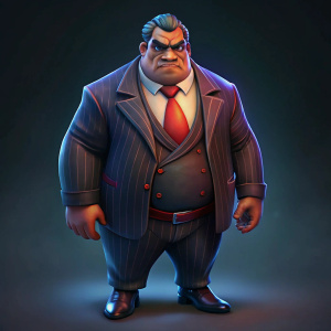 Design a Pixar-style "Underboss" character in full-body for a mafia game. This legendary gangster should have a commanding presence with a more elaborate and high-quality design. Outfit him in a luxurious mafia suit or tailored outfit with unique, intricate details that signify his high rank. His powerful and authoritative stance, along with a serious yet cartoonish expression, should convey his significant role in the criminal empire.