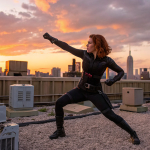 Scarlett Johansson as Black Widow, executing a dramatic karate chop move on a Gotham City rooftop at sunset.