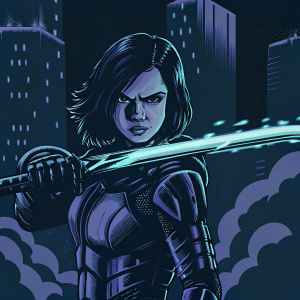 Alita, the battle angel, stands resolute. Purple and black armored suit. Sword with glowing blue energy. Background is a neon-lit futuristic cityscape.