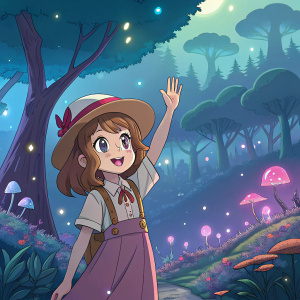 A young anime girl character, with wavy hair and friendly smile, waving hand, in a fantasy digital landscape.
