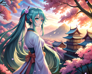 hatsune miku  in Japanese traditional dress with sakura and old town on the background