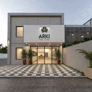 Digital 3D rendering of a modern building. 'Arki | VPS.Corp.' logo prominently displayed. Clean, geometric design. Entrance with checkered floor and potted plants.
