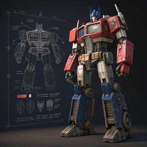 Concept art of Transformers Optimus Prime. Digital illustration, partially constructed robot shown in assembly process. Detailed breakdown of parts on right. Dark background
