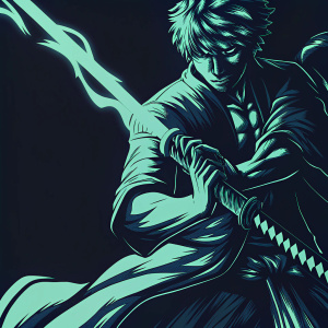 Black and white sketch of Ichigo Kurosaki from Bleach in an intense action pose. Detailed lines emphasize his sword and shikai form.