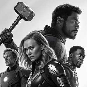A black and white promotional poster for a Marvel event. Chris Hemsworth with Thor's hammer, Brie Larson as Captain Marvel, Chadwick Boseman as T'Challa, Scarlett Johansson as Black Widow, and Robert Downey Jr. as Iron Man. All characters have serious expressions and are posed dynamically.