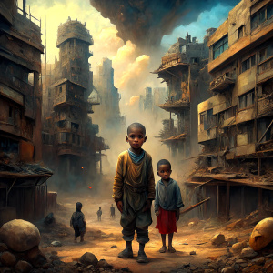 african children with sad face in a city destroyed by war searching for food in the rubble