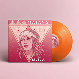 Album cover for 'Matangi' by M.I.A. Pink toned artwork featuring abstract face and geometric shapes. Orange vinyl record beside the cover.