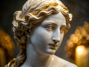 Photorealistic marble statue of Aphrodite, close-up, with gold-plated parts. Greek art