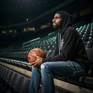 Kyrie Irving in a casual outfit, black hoodie and jeans, holding a basketball. Sitting on a bench in an empty arena.
