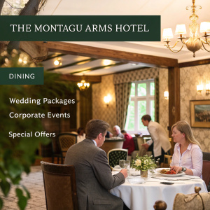 Official website for The Montagu Arms Hotel. Features include luxurious accommodations, exquisite dining, wedding packages, corporate events, and special offers. A picture showcasing a warm and inviting dining scene with detailed information about the hotel's amenities.