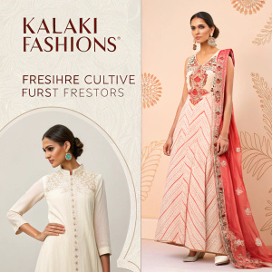 Kalaki Fashions - Women's wear inspired by Indian heritage. Modern fusion designs, traditional motifs, and elegant silhouettes. Advertisements showcasing models in both classic and contemporary Indian attire.