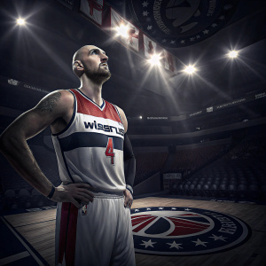 Marcin Gortat, star center for the Washington Wizards, poses in team jersey. Dark stadium with glowing spotlights.