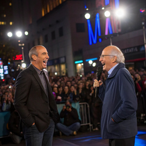 Matt Lauer and Larry David laughing heartily on a brightly lit stage. A large crowd of fans and reporters are gathered around