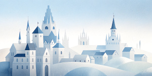 White illustration,  Marek Brzozowski style, isolated surrealistic collage of structural aesthetics, a lot of historical prague houses and briges, huge ocean and sky, white, light pastel colors, zoom out view, grainy texturing paper
