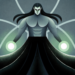 Digital artwork of a muscular dark elf, standing in a powerful pose. Fierce look with glowing green energy emanating from his hands. Long dark hair, green alien-like transformation. Dark gray background