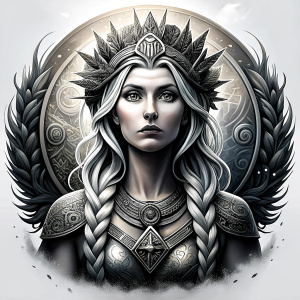 Frigg - Nordic Goddess perfect realistic art, high-definition grey and black, white background tattoo design