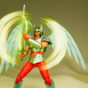 Shiryu, the Pegasus Warrior from Saint Seiya, depicted in a fierce battle stance. Dark night sky background with stars and glowing green auras surrounding him.