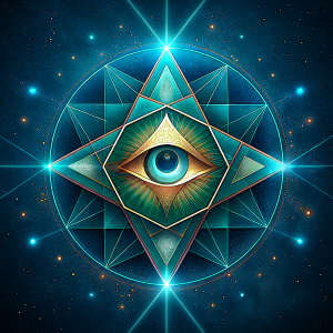 A geometric Star illustrating the idea of the 4 elements of alchemy with a small eye of horus in the middle of the star. add the concept of metaphysics