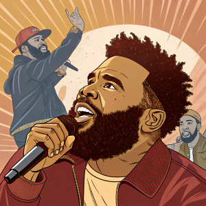 Illustration for Pharoahe Monch's concert. Centered figure with beard and expressive face, surrounded by supporting artists. Warm color palette, stylized visuals. Focus on central figure's face.
