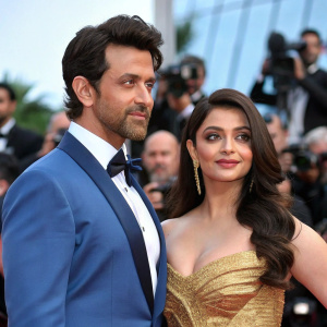 Close-up candid shot of Bollywood stars Hrithik Roshan and Aishwarya Rai Bachchan at a film premiere. Hrithik in a blue tuxedo, Aishwarya in a glamorous gold gown. Crowded outdoor event with paparazzi.