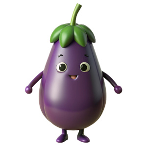 japanese anime character of eggplant cute smiling piece with handles and legs, thick black lines, isolated on white background