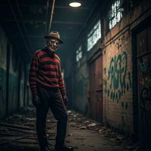 Freddy Krueger, terrifying character with dark circles under his eyes, standing in an abandoned alleyway.
