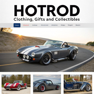 Online store page for HotRod Clothing, Gifts and Collectibles featuring a Shelby Cobra product. The site showcases the item with detailed images, pricing, and payment methods such as Visa and PayPal.
