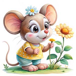 cute mouse toddler sniffing a flower with her nose, watercolor, disney cartoon style, 3d, 8k