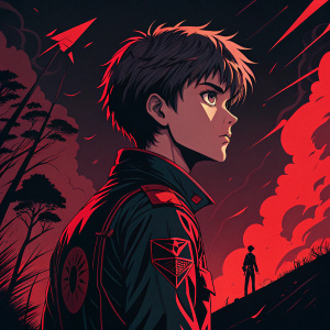 A promotional poster for Neon Genesis Evangelion. Dark, moody, with intense red and black hues. Complex design elements, dramatic and abstract background