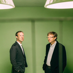 Formal portraits of tech moguls Mark Zuckerberg and Bill Gates. Dimly lit room, shadows cast by overhead lights.