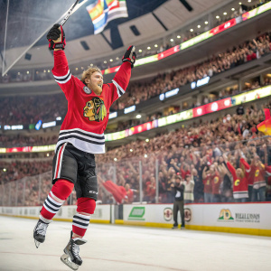 Patrick Kane, in Chicago Blackhawks jersey, jumping with arms up. Stadium full of cheering fans, colorful banners waving.